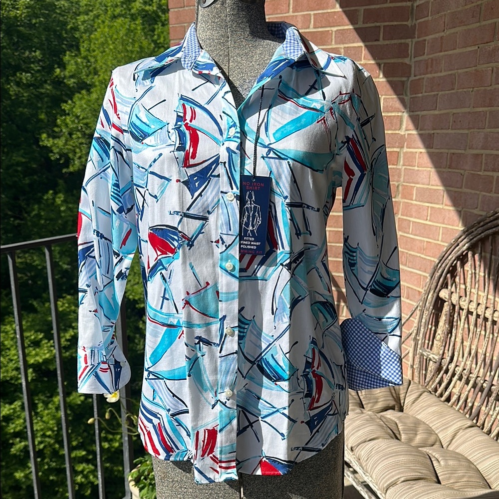 Chaps Fitted Red White & Blue Print Button-Up 3/4 Sleeves NWT